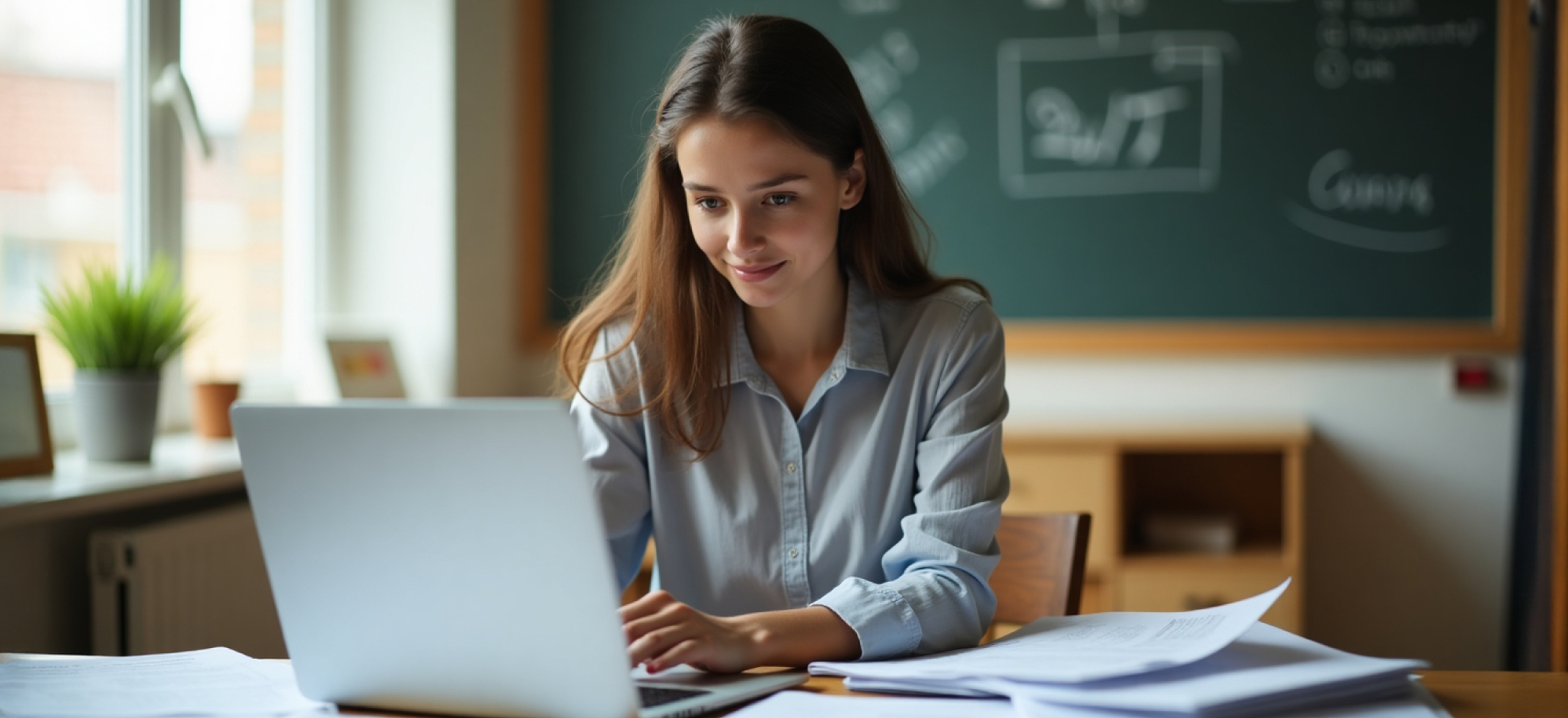 A woman sits at her desk working on her laptop.