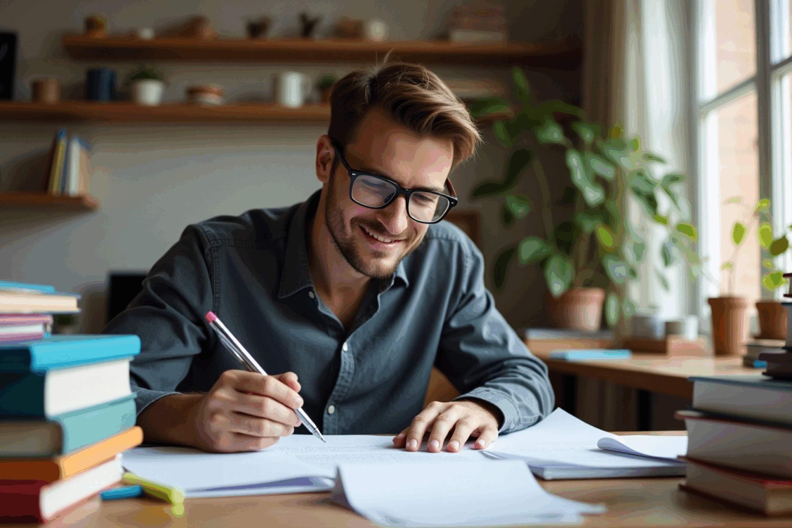 A man sits at his desk writing.