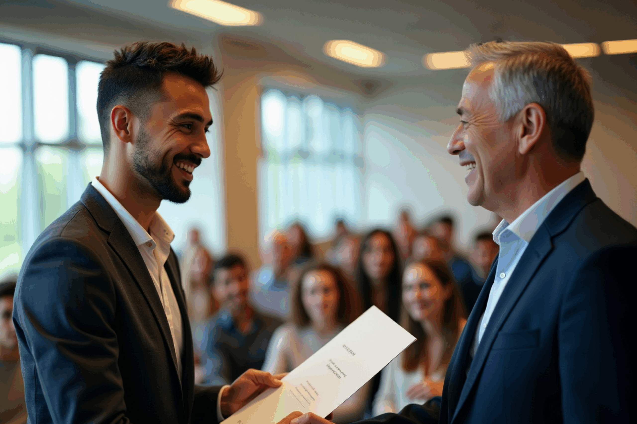A man recieves certification in front of audience.