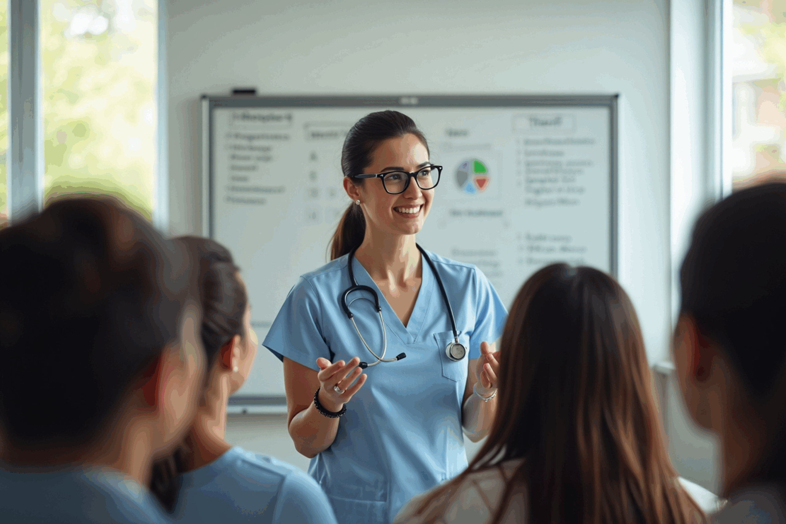 Nurse educator in front of a clasrrom full of students