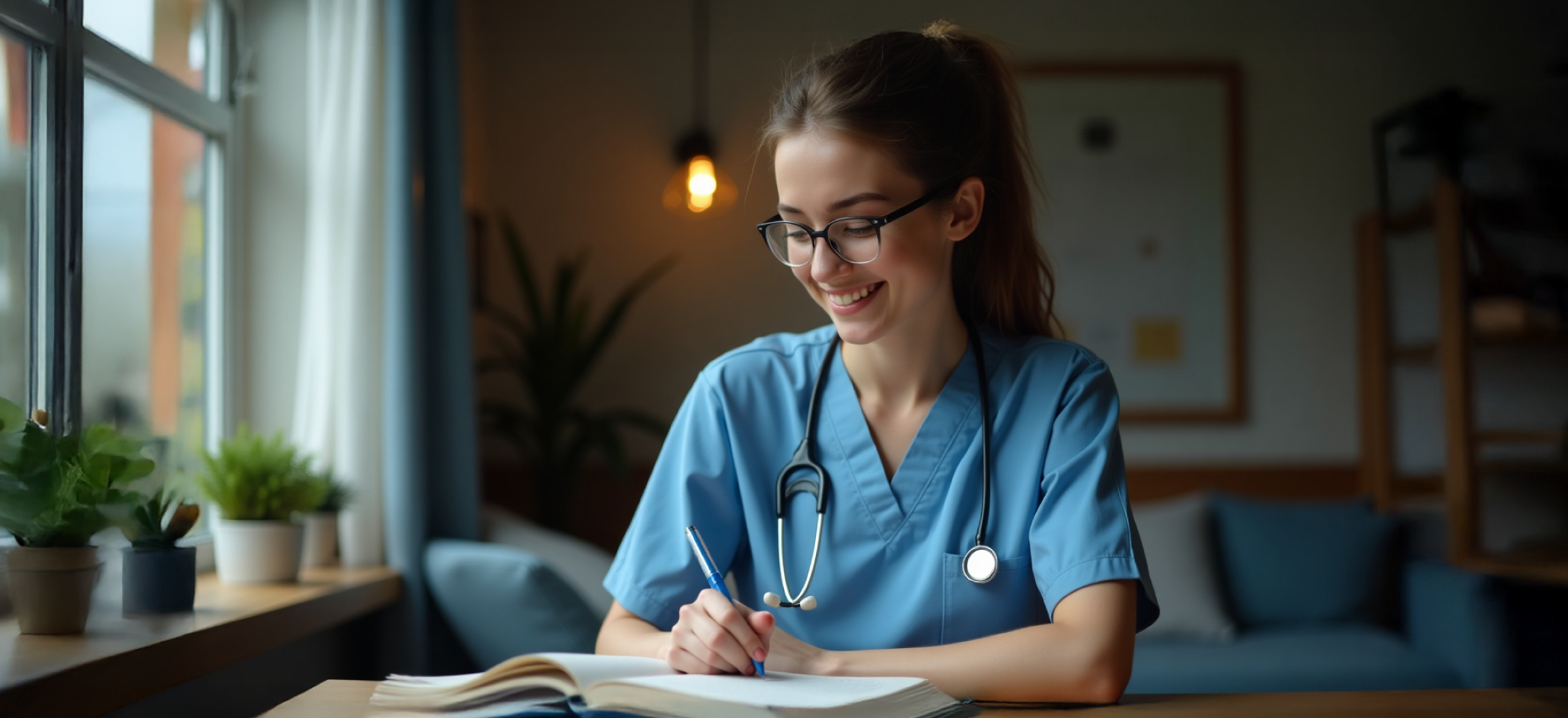 Student in scrubs studying from a book