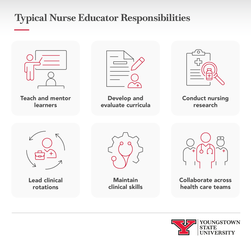 Infographic showing typical nurse educator responsibilities 